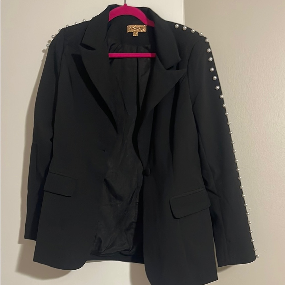 Black Blazer with Pearl Accents